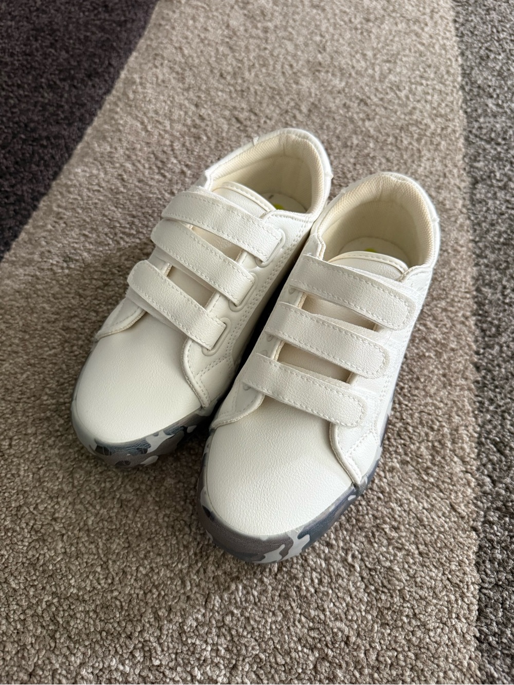 Kids White Velcro Sneakers with Grey Camouflage bottom sole